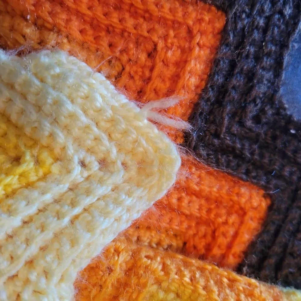 Vintage 70s Afghan Crochet Handmade Orange & Brown Chevron Knit Blanket Throw - Picture 2 of 15